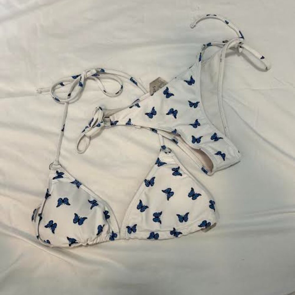 blue and white butterfly bikini